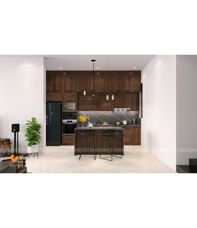 Mẫu tủ bếp inox cánh gỗ óc chó ITN04 Vinakit