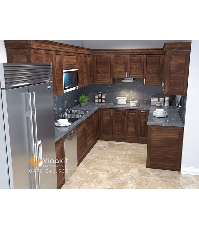 Mẫu tủ bếp Inox cánh gỗ Óc Chó Vinakit – IOC02