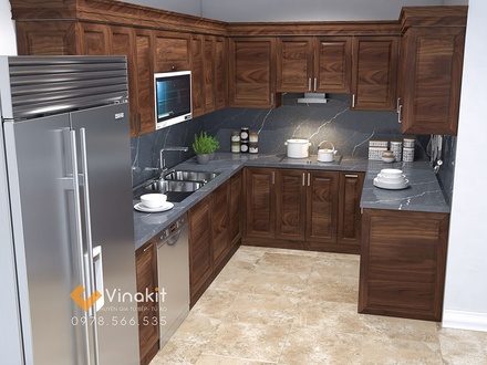 Mẫu tủ bếp Inox cánh gỗ Óc Chó Vinakit – IOC02
