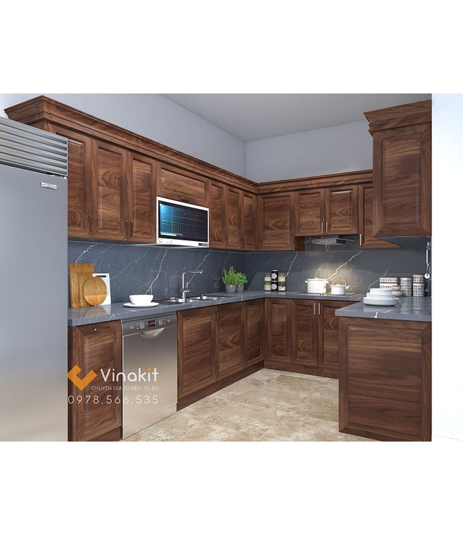 Mẫu tủ bếp Inox cánh gỗ Óc Chó Vinakit – IOC02