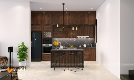 Mẫu tủ bếp inox cánh gỗ óc chó ITN04 Vinakit