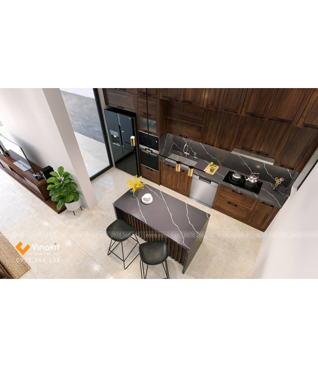 Mẫu tủ bếp inox cánh gỗ óc chó ITN04 Vinakit