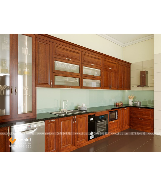 Mẫu tủ bếp inox cánh gỗ gõ ITN08 Vinakit