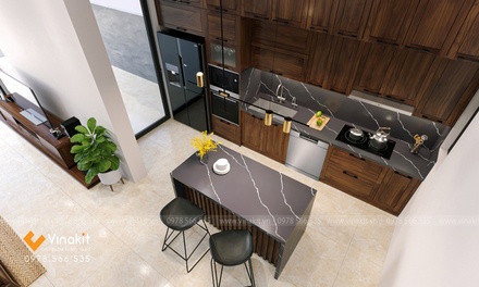 Mẫu tủ bếp inox cánh gỗ óc chó ITN04 Vinakit