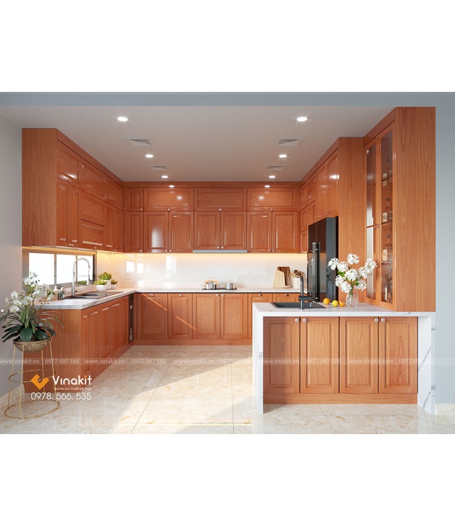 Mẫu tủ bếp gỗ hương Vinakit chữ U – GH10
