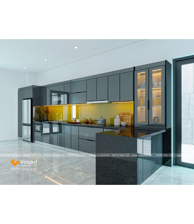 Tủ bếp nhôm tấm cánh kính cường lực CK07